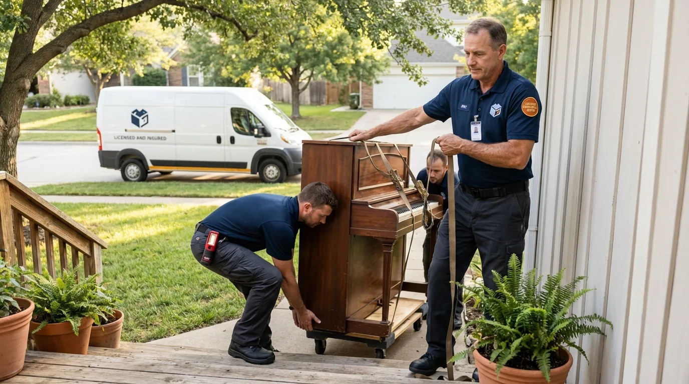 Licensed piano movers securing grand piano in Ladysmith, WI