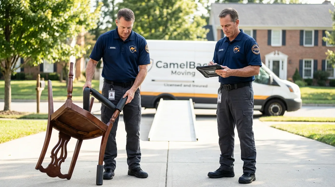 Movers inspecting furniture for damage prevention before loading in Ladysmith, WI